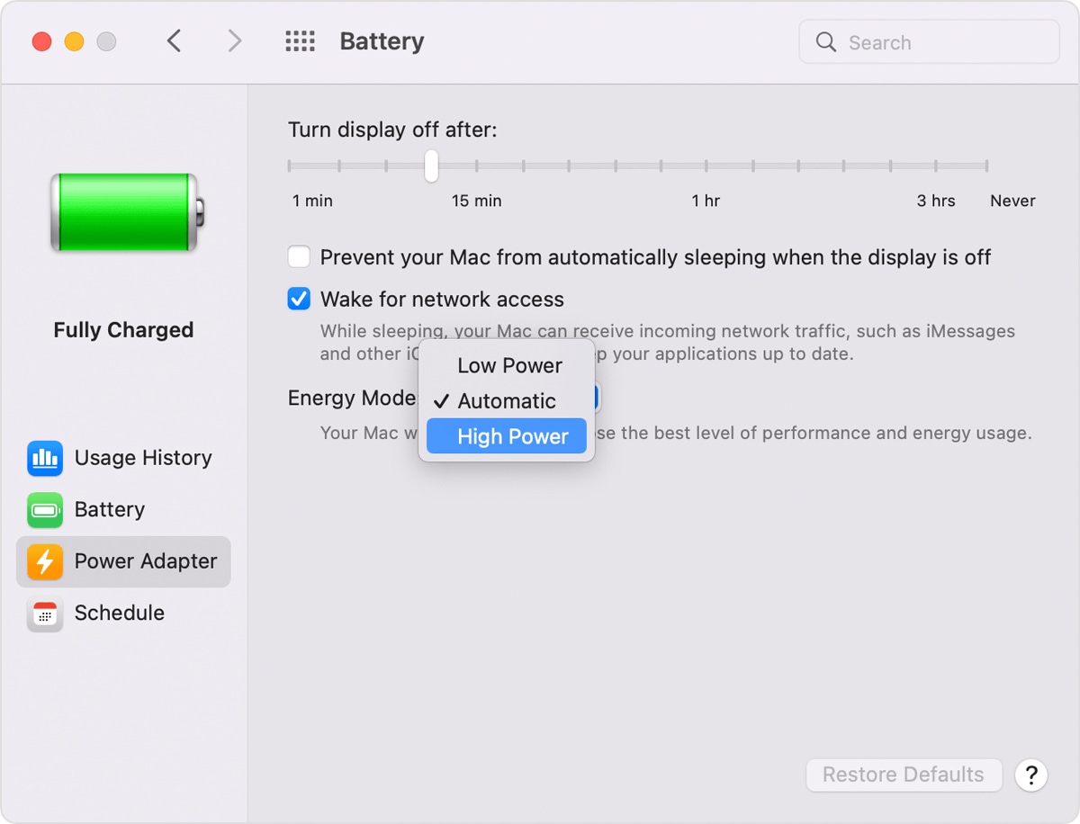A screenshot of the Battery preferences on macOS Monterey with High Power Mode turned on for when the Mac is on battery
