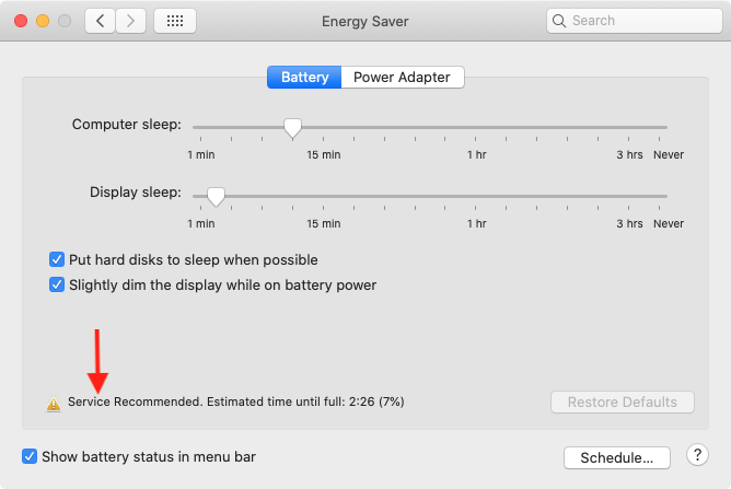 Battery service message in System Preferences