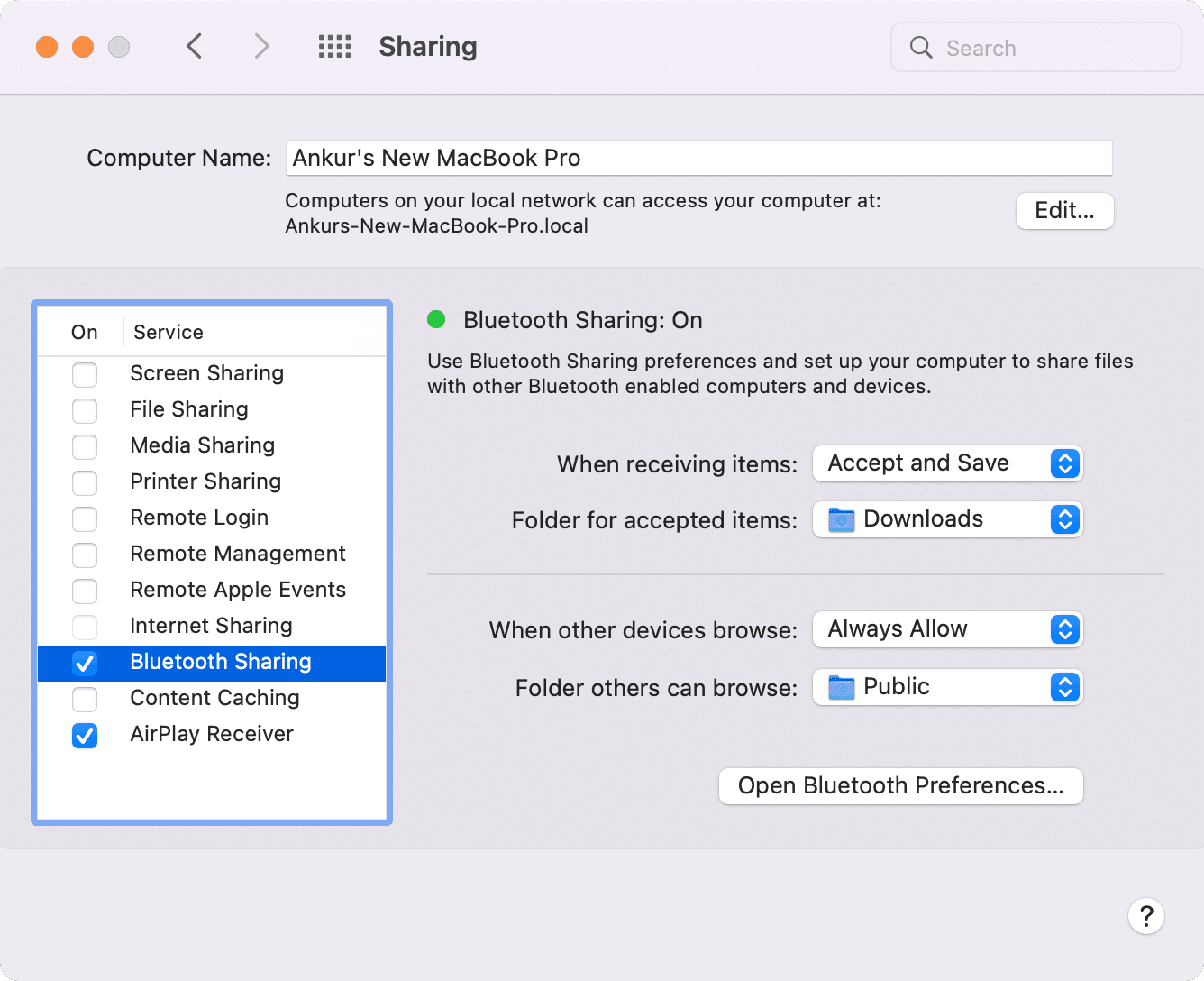 Bluetooth Sharing enabled on Mac
