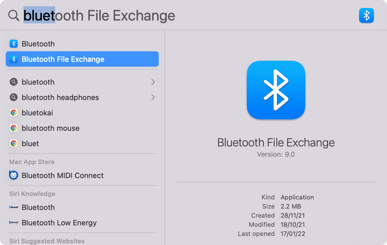 Bluetooth in Spotlight Search on Mac