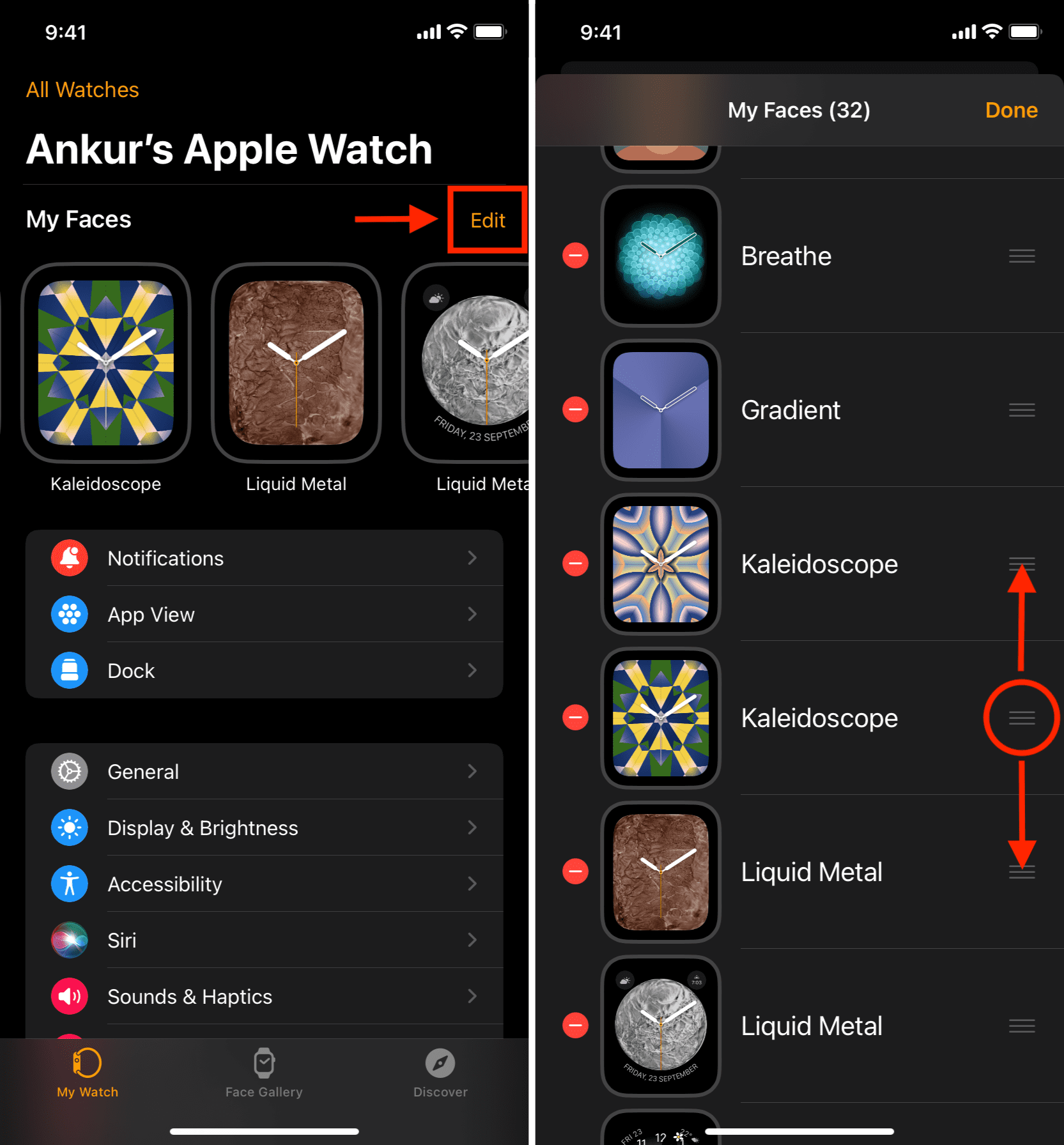 Change order of watch faces using iPhone
