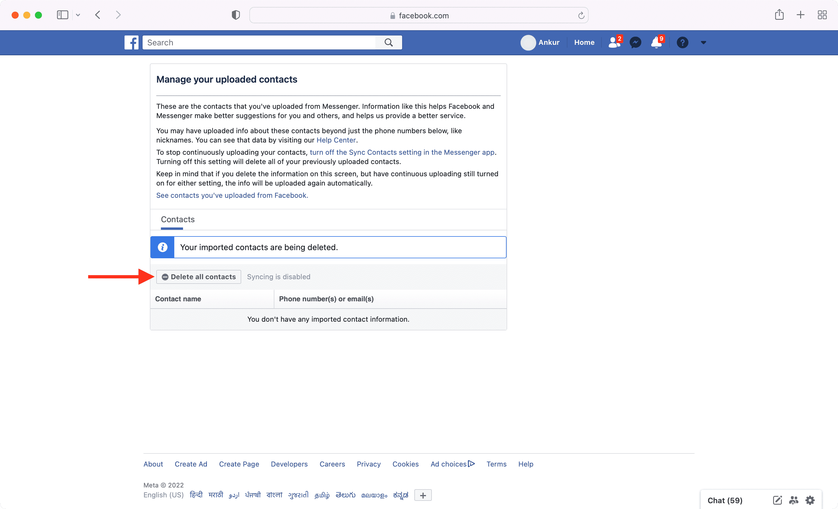 Delete all synced contacts from your Facebook