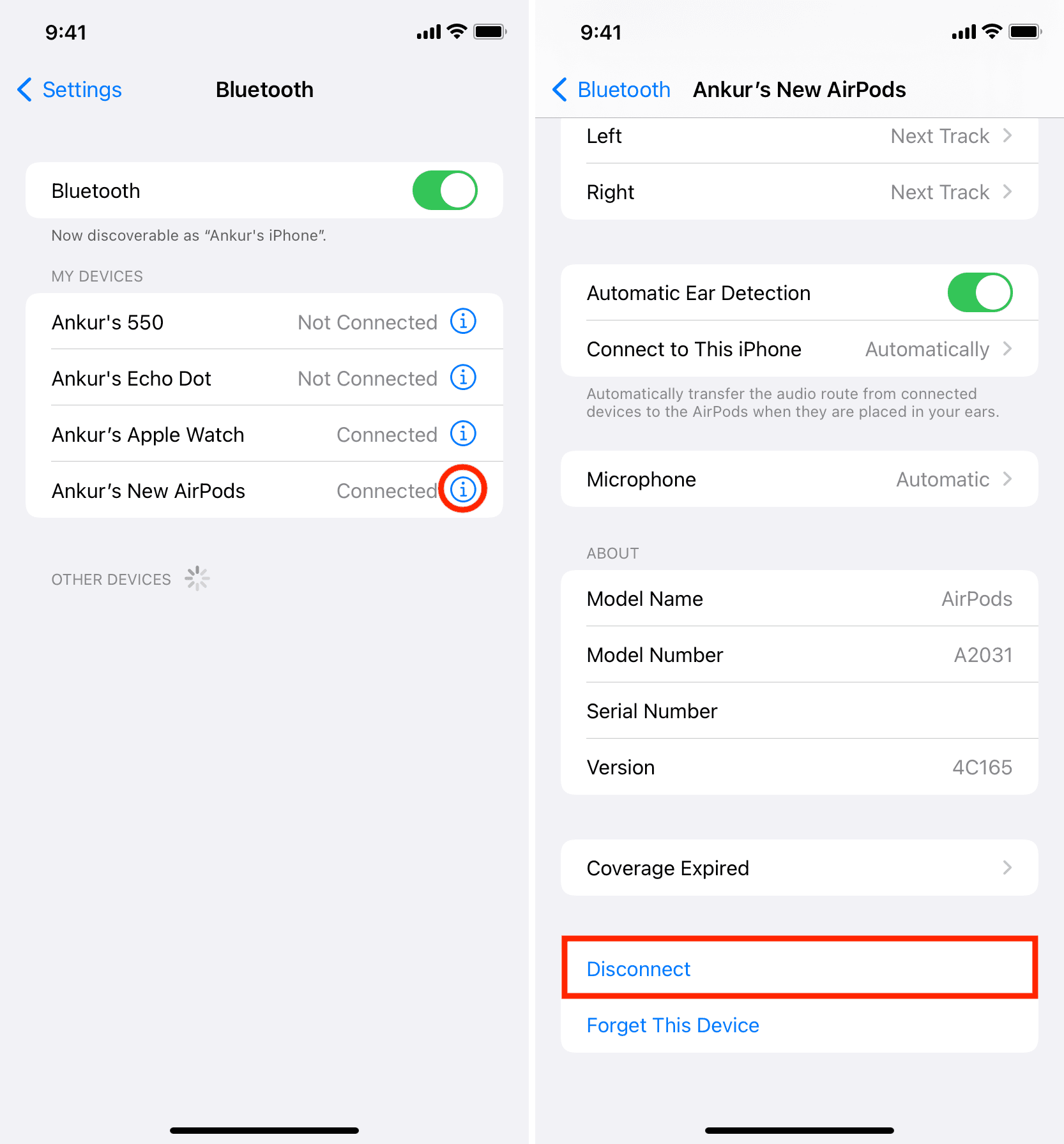 Disconnect AirPods from iPhone
