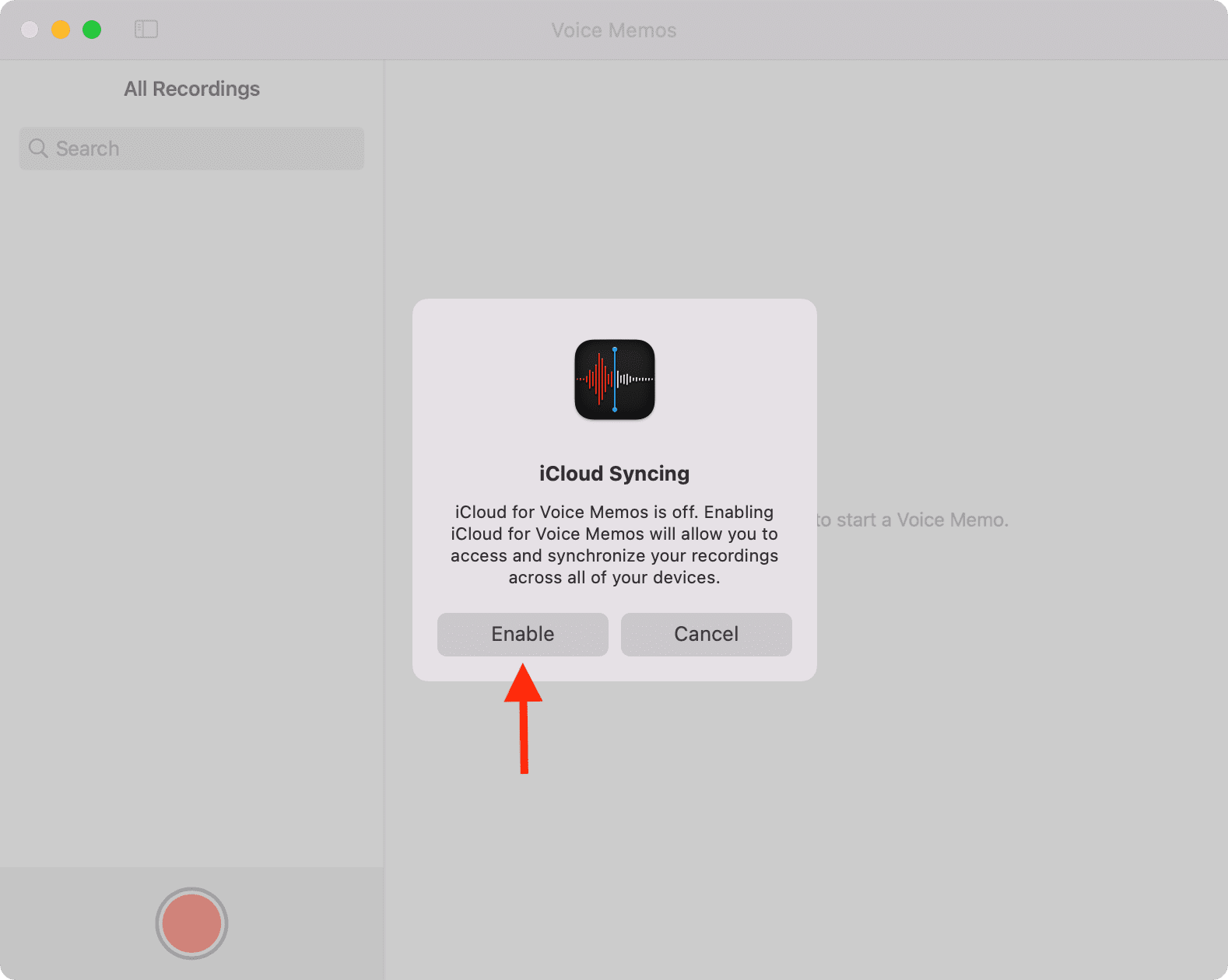Enable iCloud Syncing in Voice Memos app on Mac