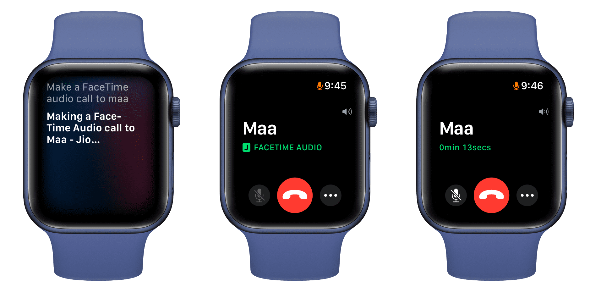 Three images showing how to make FaceTime call on Apple Watch using Siri