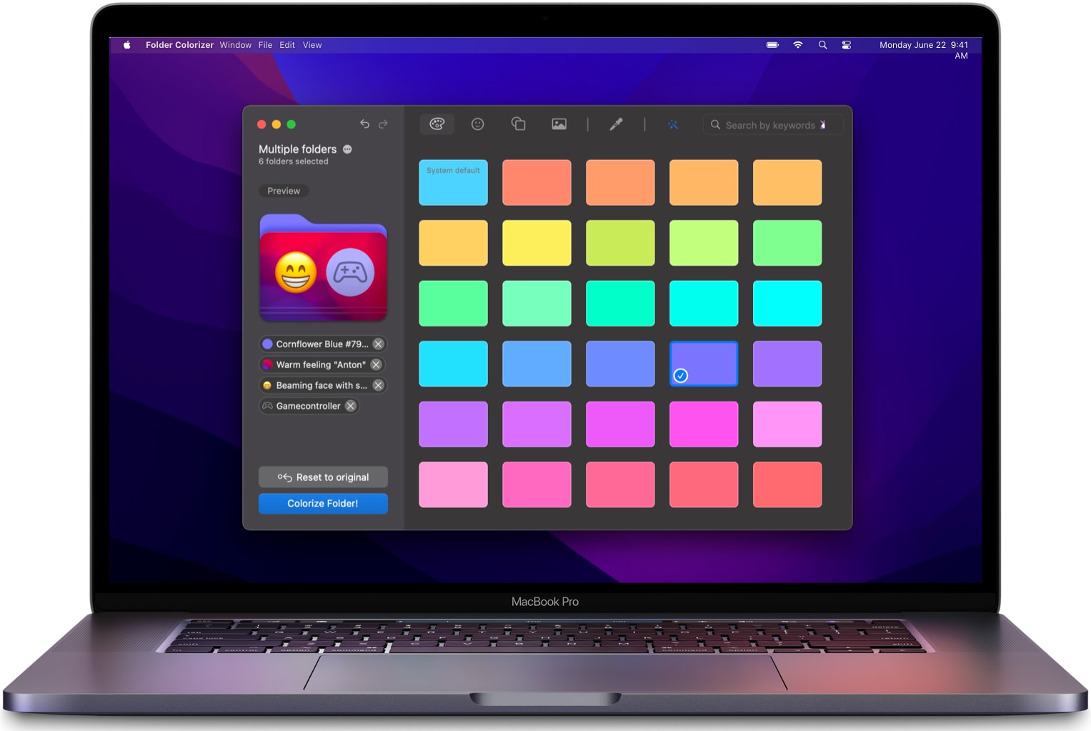 A marketing image from Softorino showcasing its Folder Colorizer app for Mac that makes it easy to change macOS folder color, customize folder icons with emoji, decals, custom image backgrounds and more