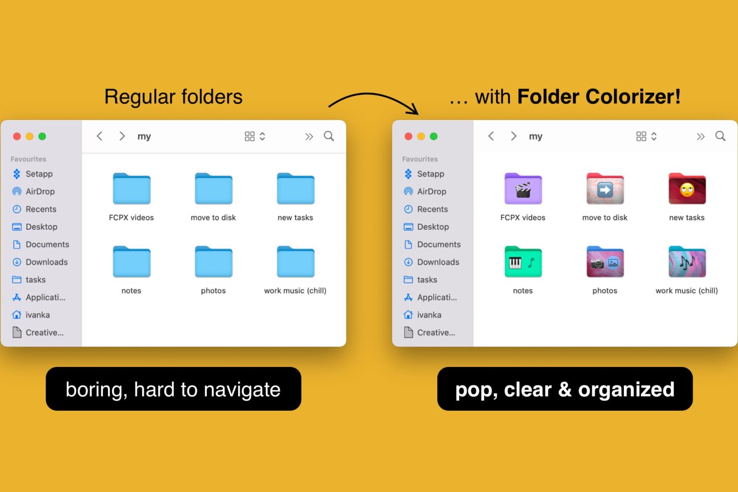 A marketing image from Softorino showcasing its Folder Colorizer app for Mac that makes it easy to change macOS folder color, customize folder icons with emoji, decals, custom image backgrounds and more