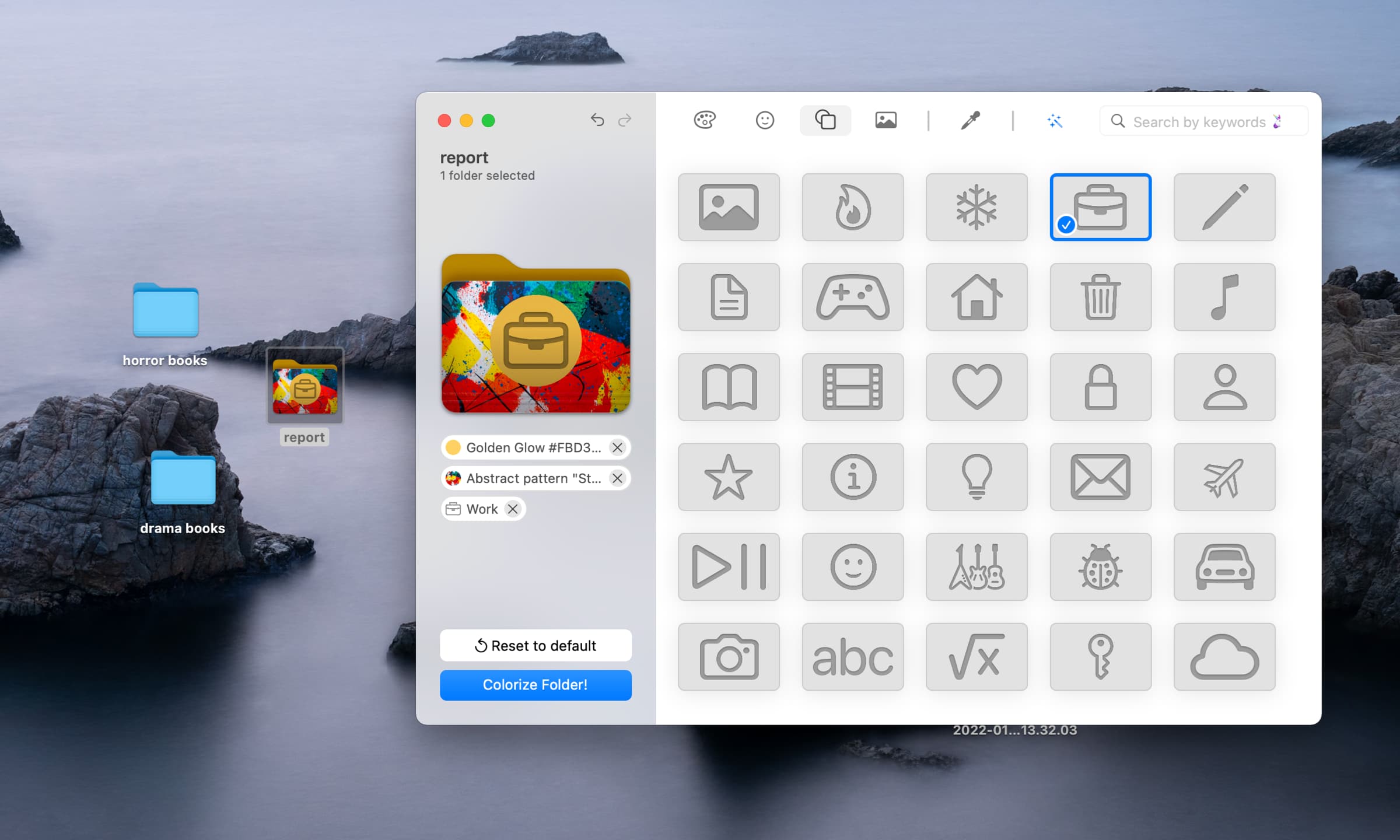 A marketing image from Softorino showcasing customizing folder icons with symbols and decals in its Folder Colorizer app for macOS