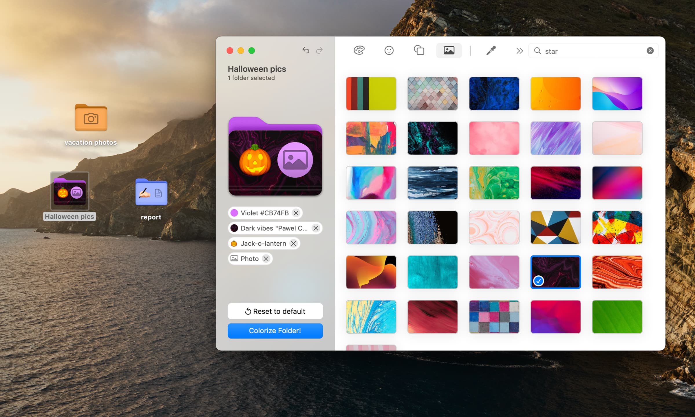 A marketing image from Softorino showcasing customizing a folder icon with an image background in its Folder Colorizer app for macOS
