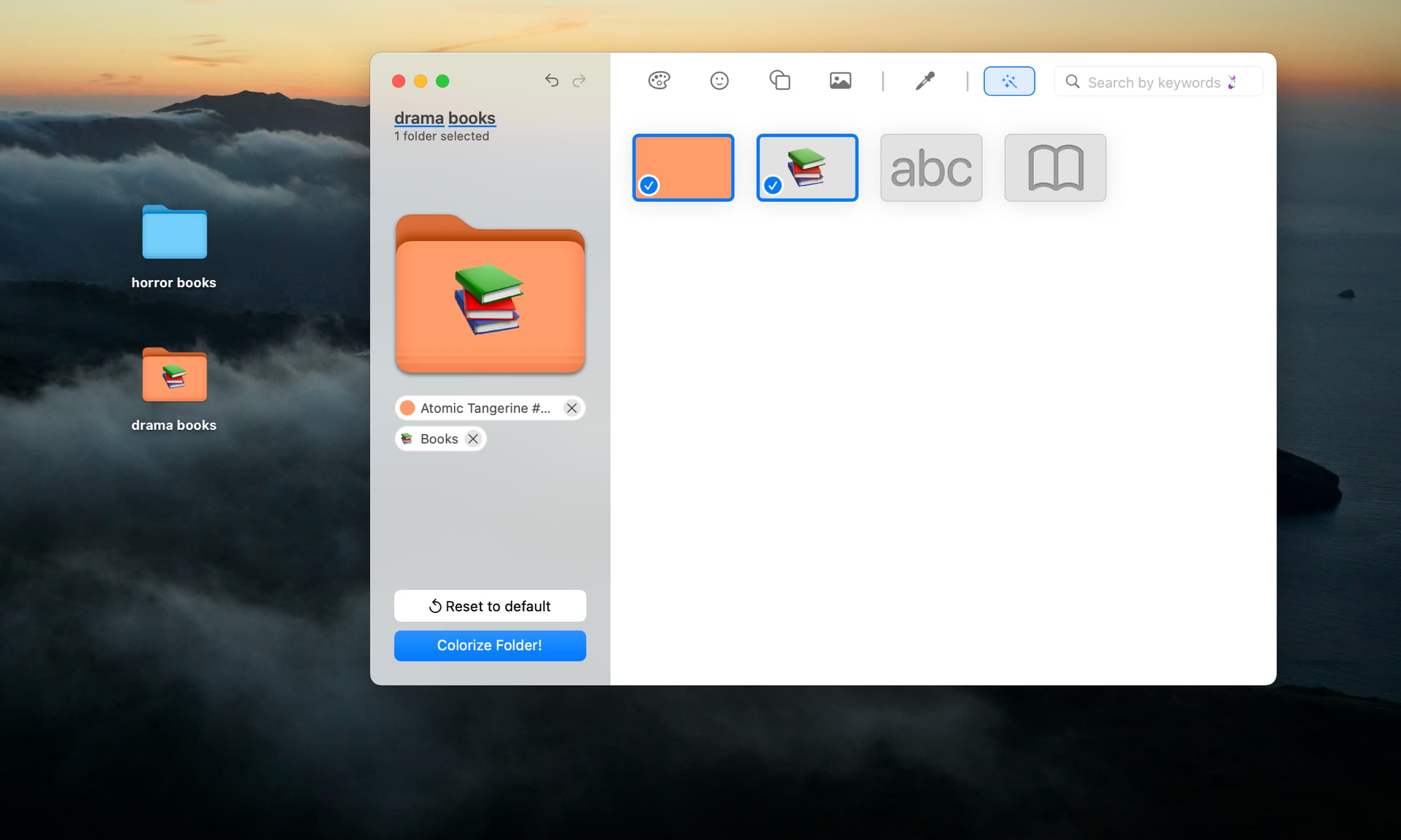 A marketing image from Softorino showcasing customizing a folder with a books emoji in its Folder Colorizer app for macOS