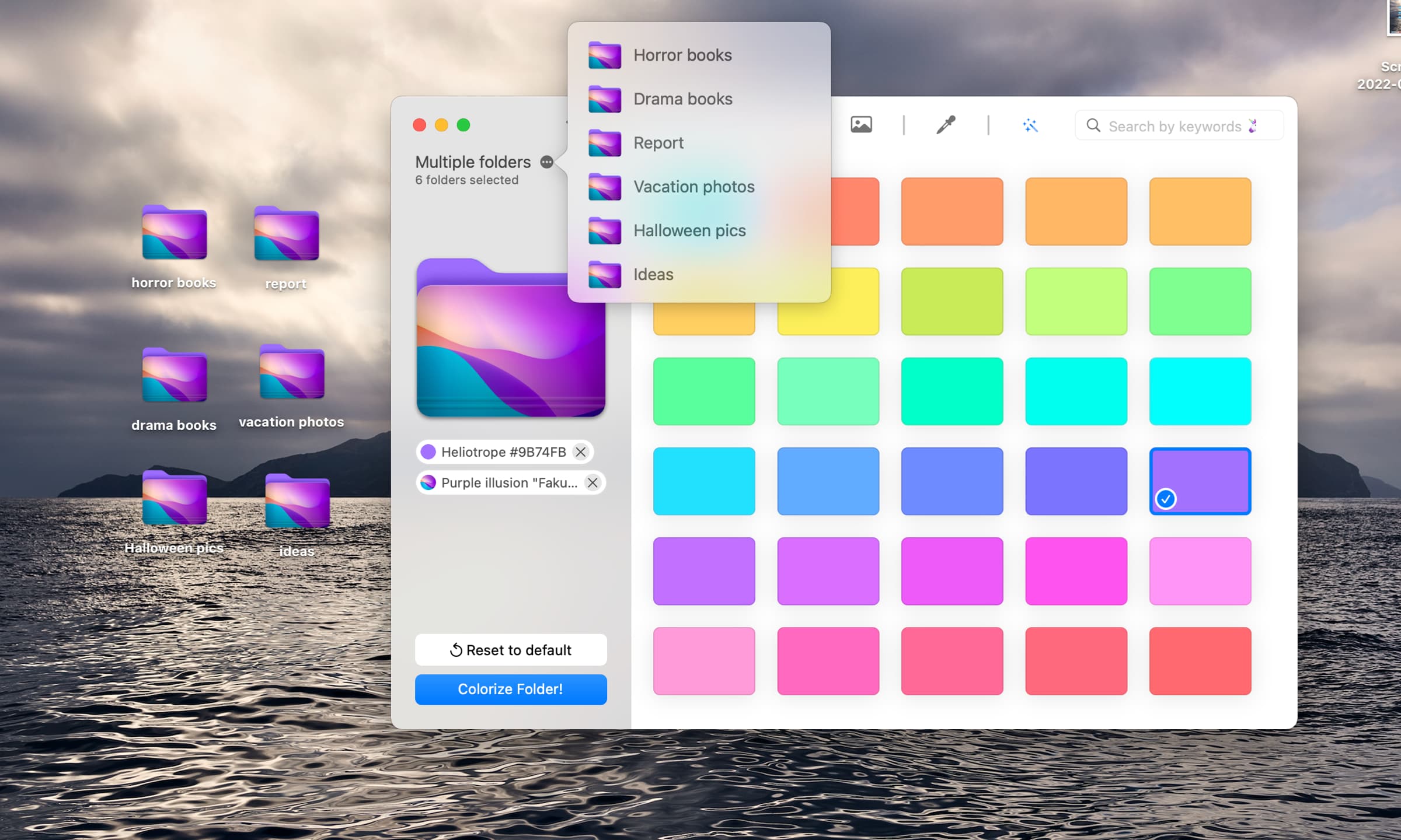 A marketing image from Softorino showcasing customizing multiple folders at once in its Folder Colorizer app for macOS