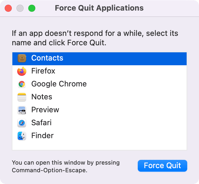 Force Quit Contacts app Mac