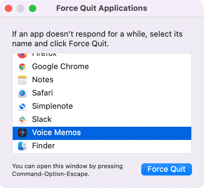 Force Quit Voice Memos app on Mac