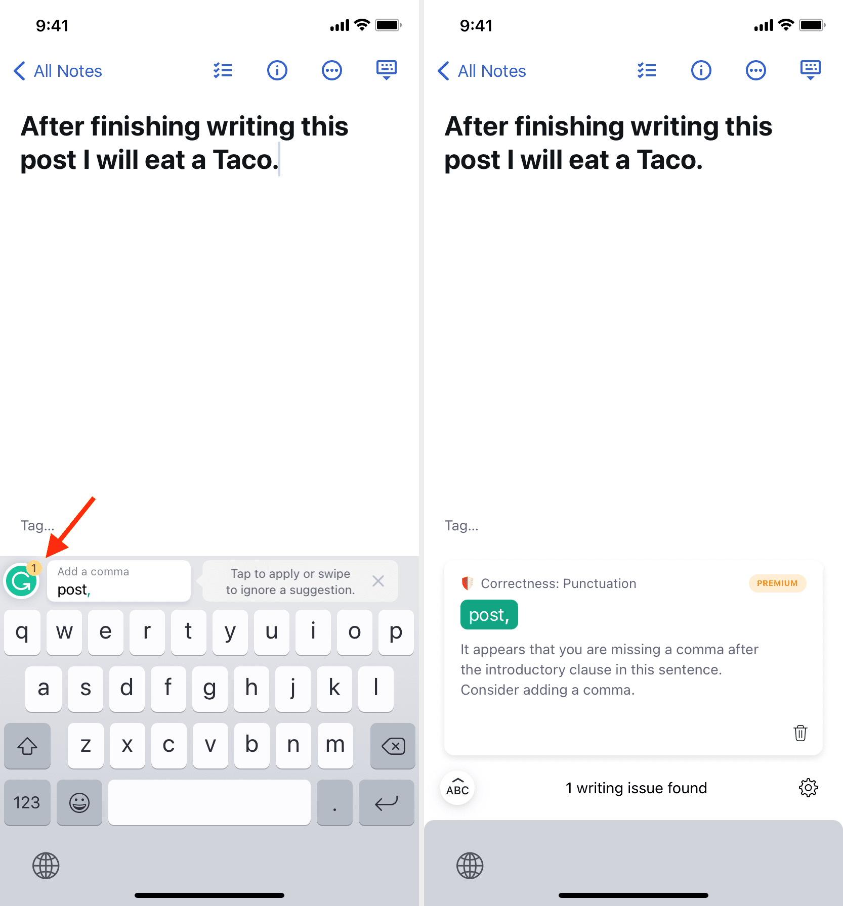 Grammarly Revision Mode on iPhone