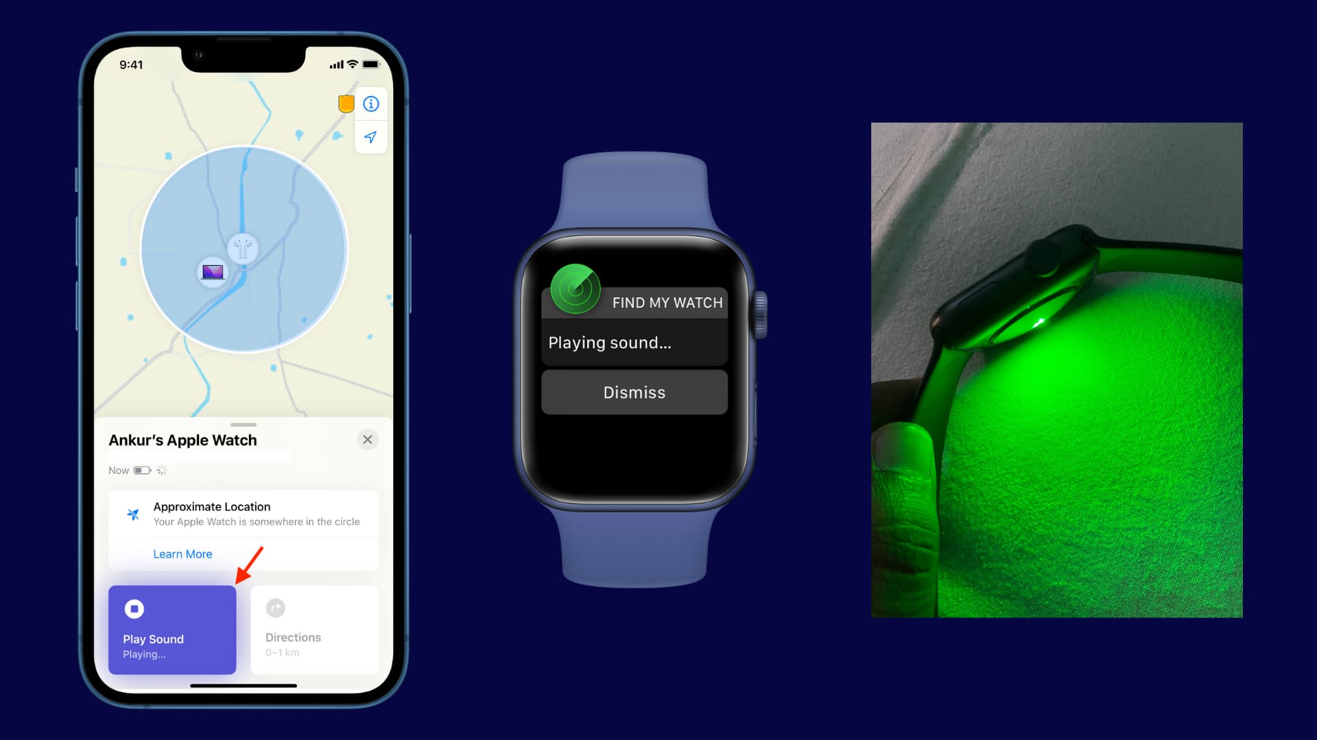 Green light flashing on Apple Watch while playing sound via Find My