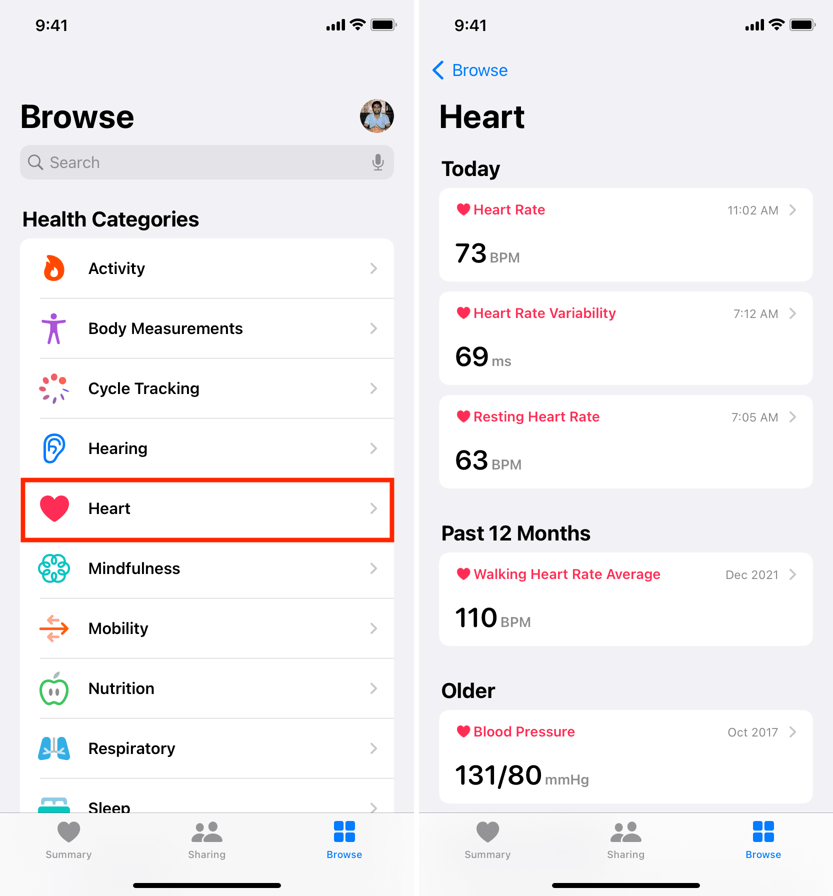 Heart rate data in iPhone Health app