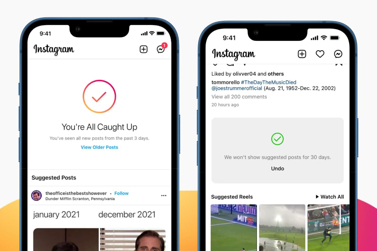 Two iPhones showing Instagram Suggested Posts hidden for 30 days