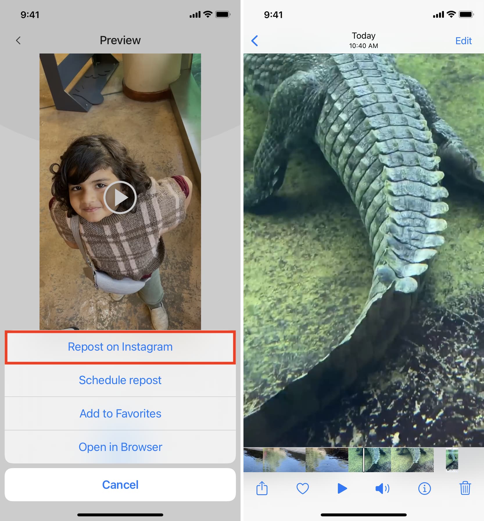 Instagram Reel saved to iPhone Photos app