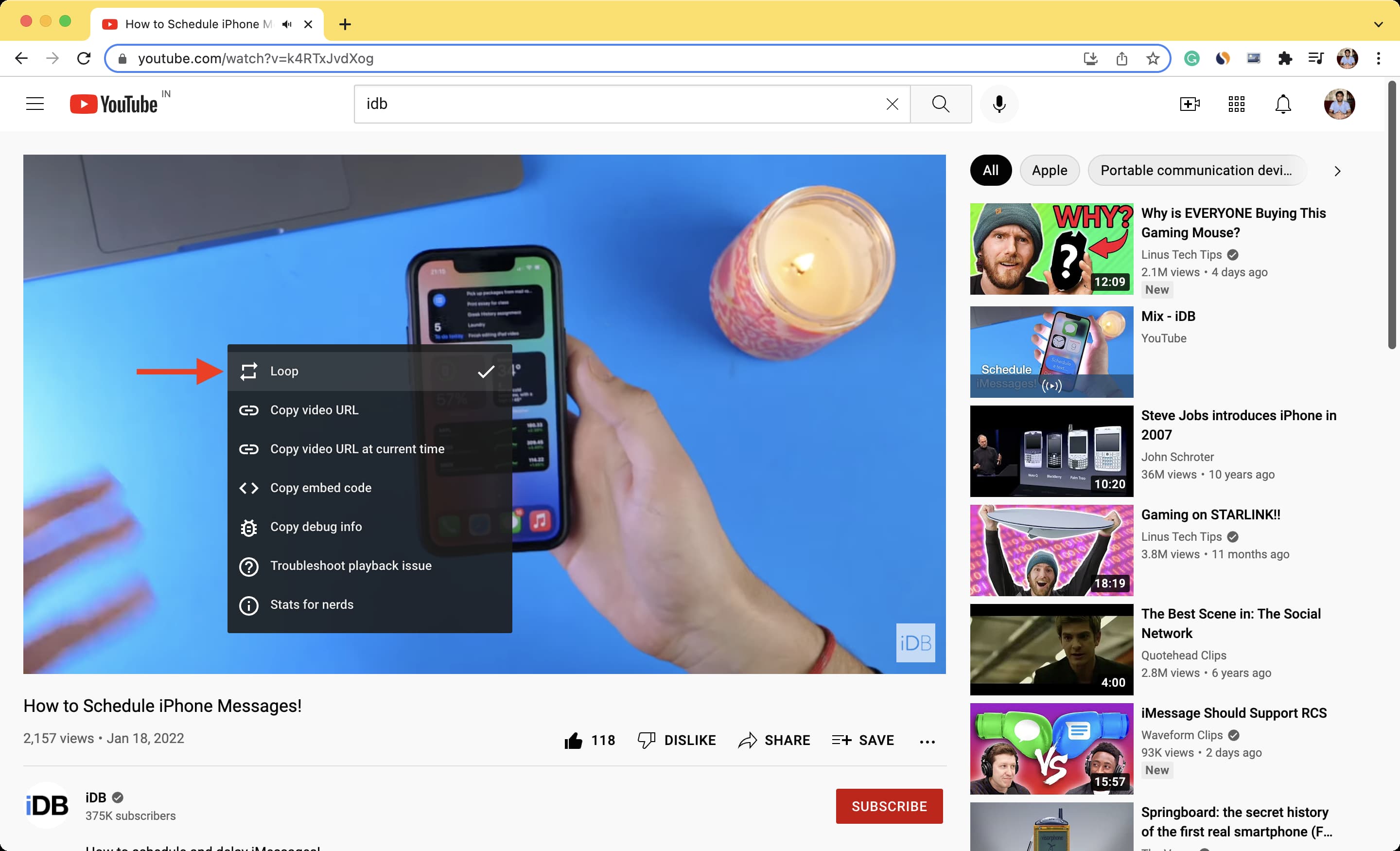 Loop YouTube video in Chrome on computer