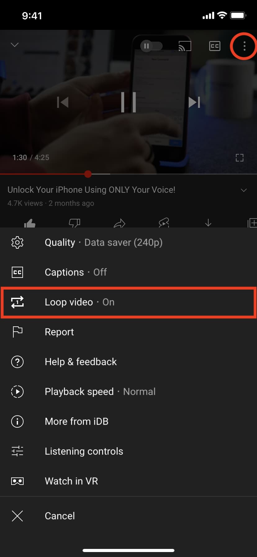 Loop YouTube video in mobile app