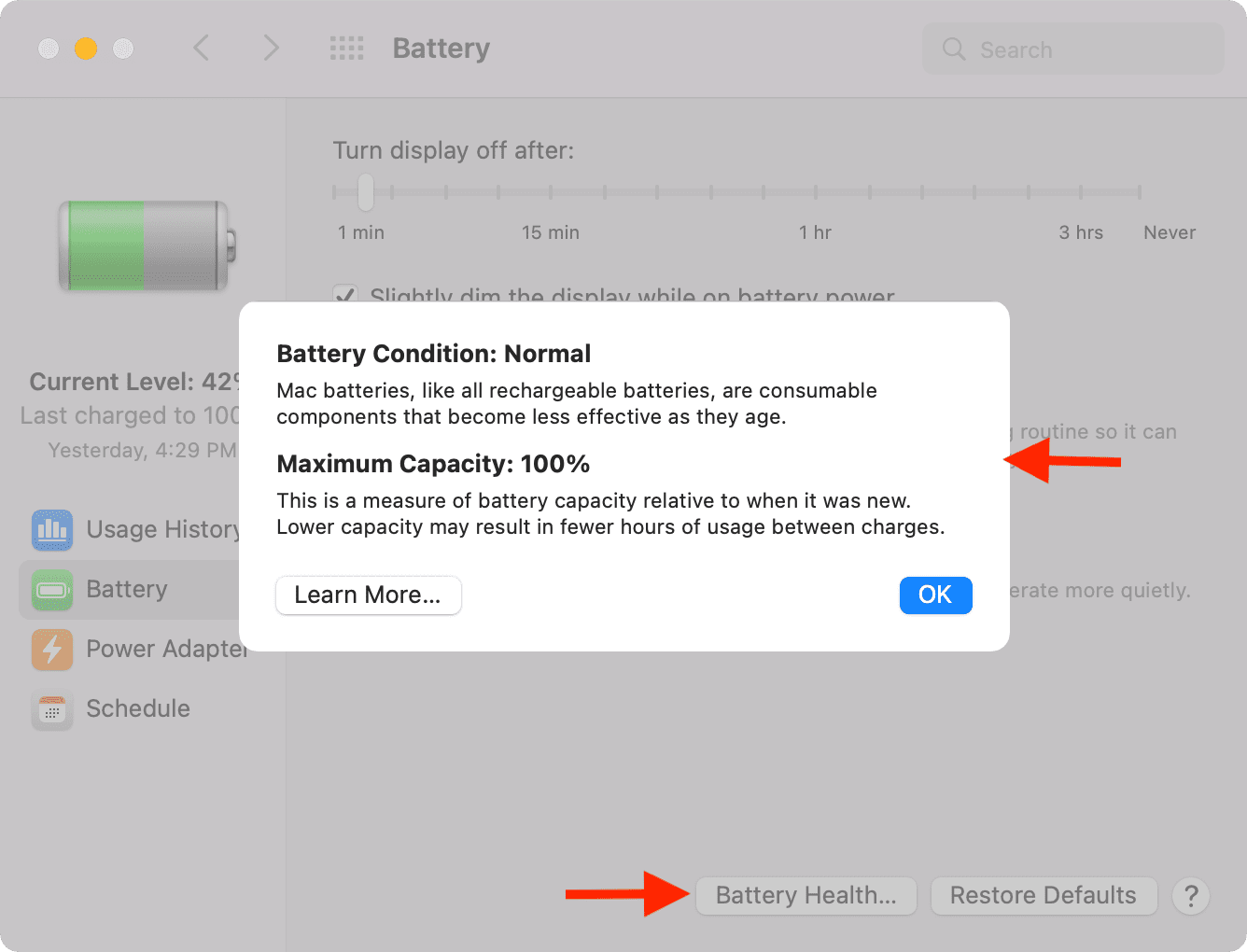 MacBook Battery Condition in System Preferences on macOS Monterey