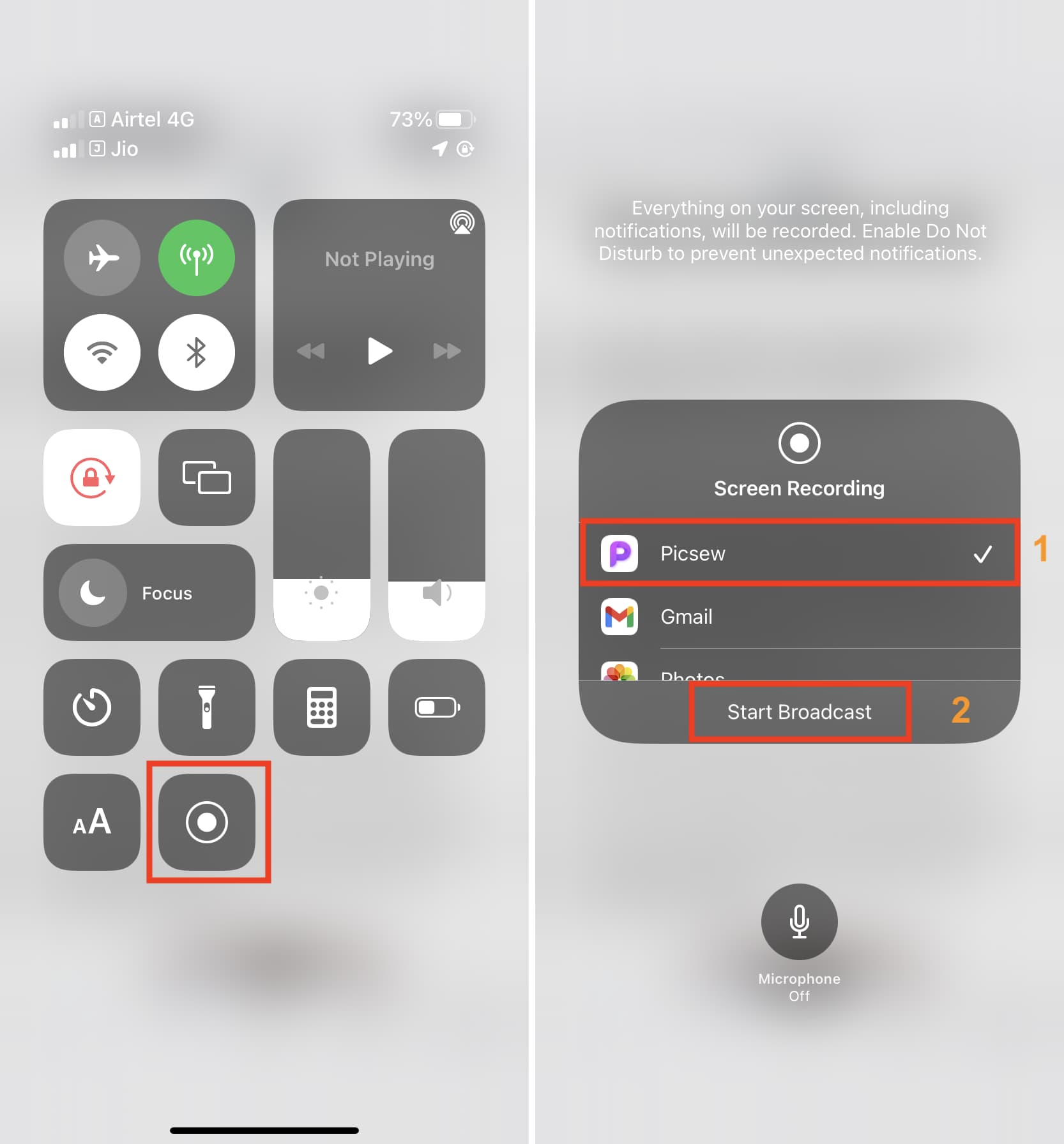 Picsew Start Broadcast in iPhone Control Center