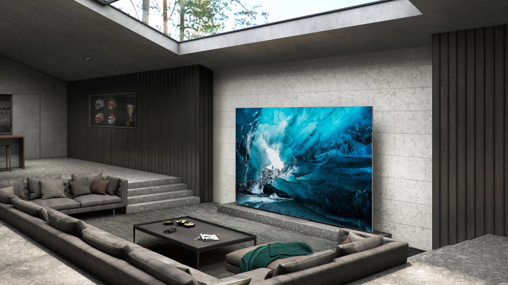 Samsung's lifestyle photo showing a minimalist living room with a glass rooftop and a Samsung 2022 Micro-LED TV by the wall