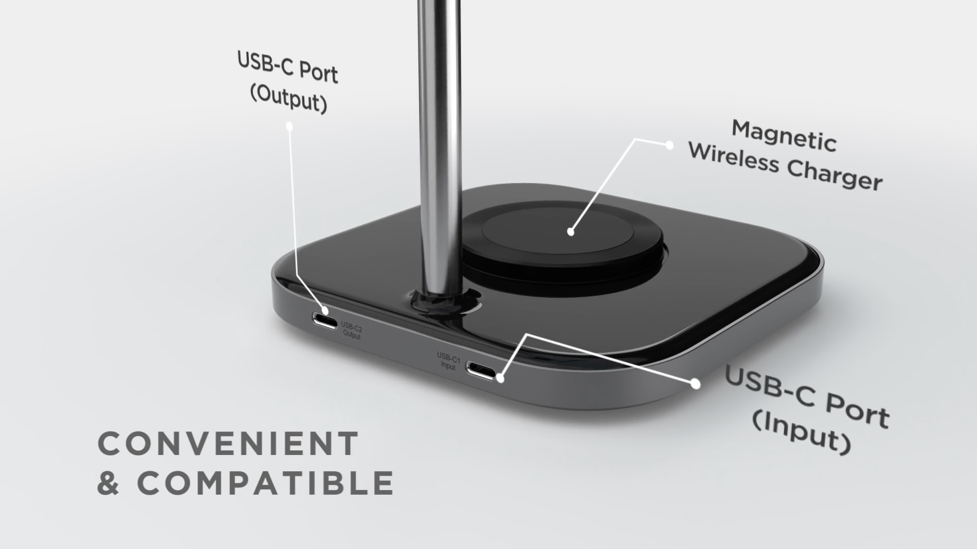 A still image from Satechi's promotional video showing USB-C and other charging options for its 2-in-1 Headphone Stand with Wireless Charger