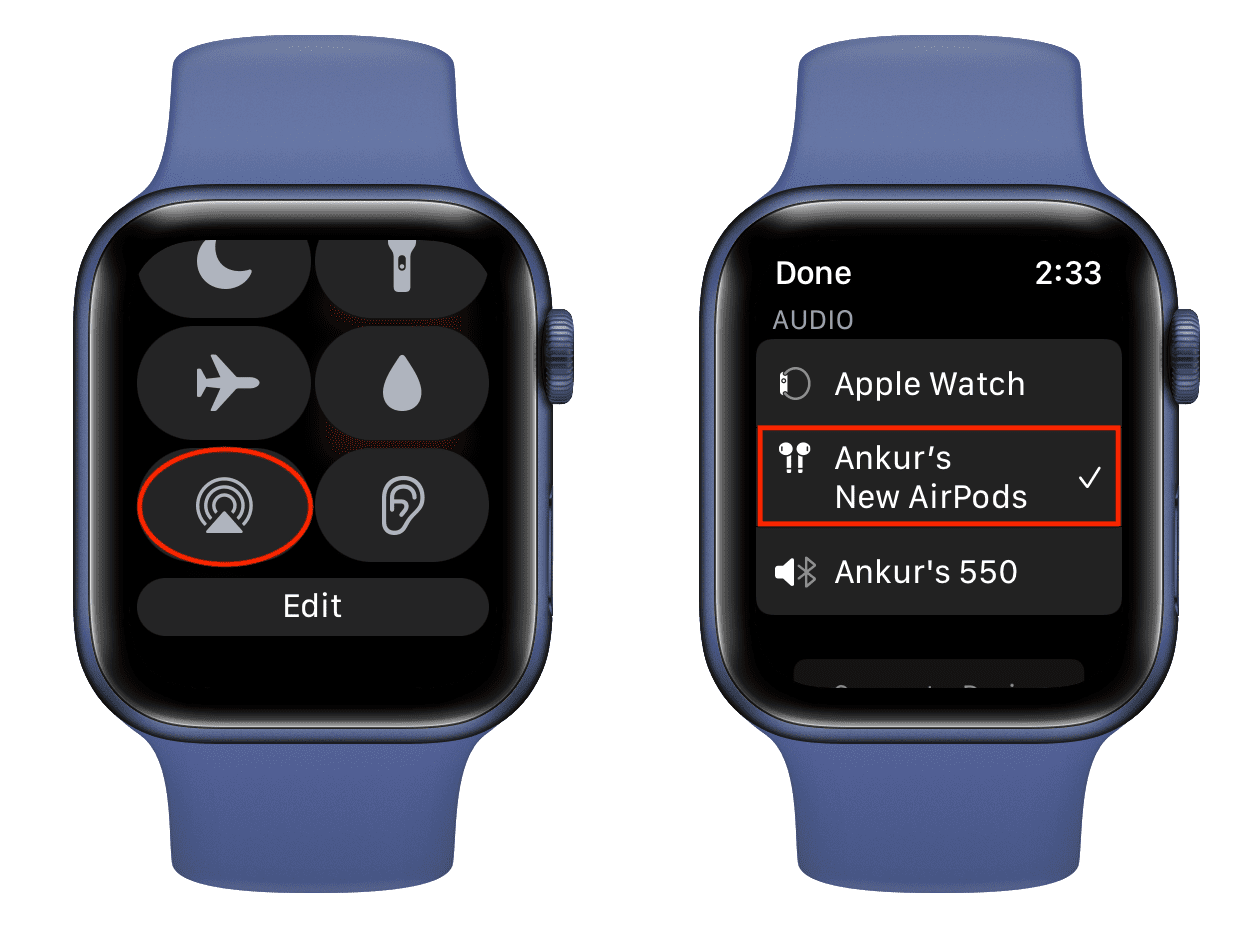 Select AirPods as audio output from watchOS Control Center
