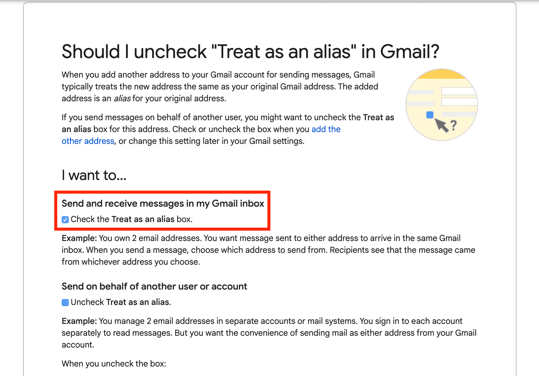 Should I check Treat as an alias in Gmail