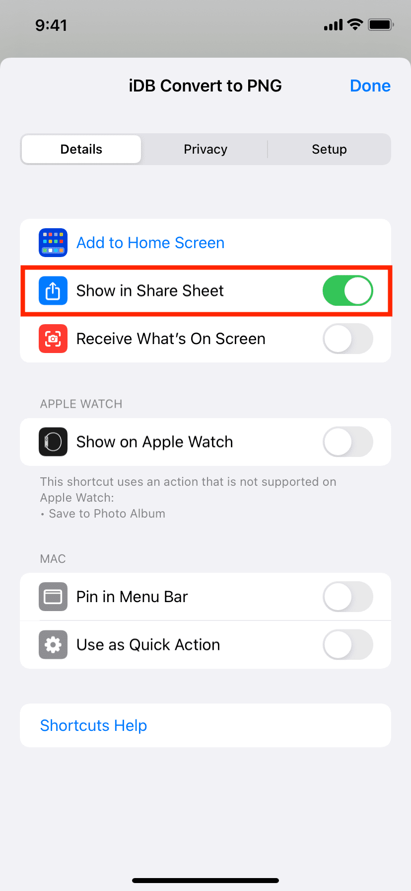 Show in Share Sheet for a shortcut on iPhone