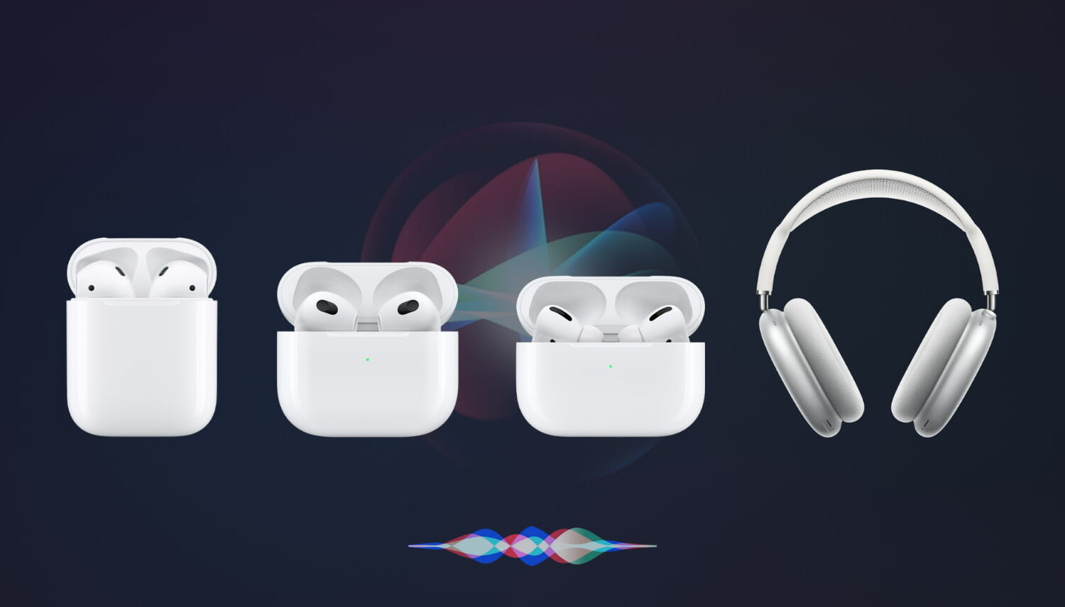 AirPods 1st, 2nd, 3rd generation, AirPods Pro, and AirPods Max with Siri icon in the background