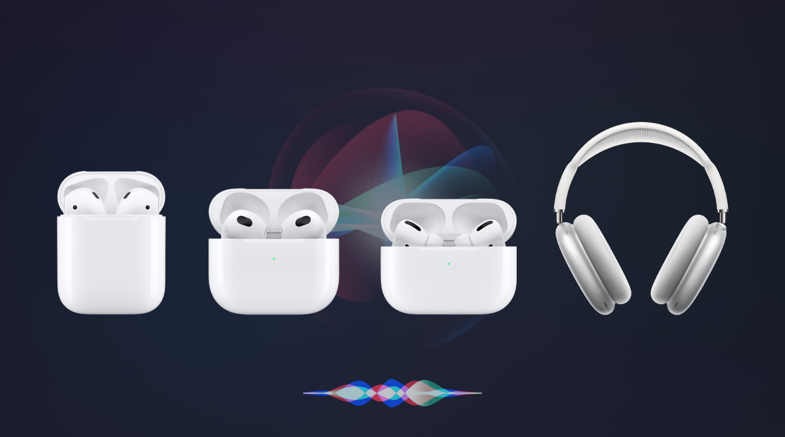 AirPods 1st, 2nd, 3rd generation, AirPods Pro, and AirPods Max with Siri icon in the background