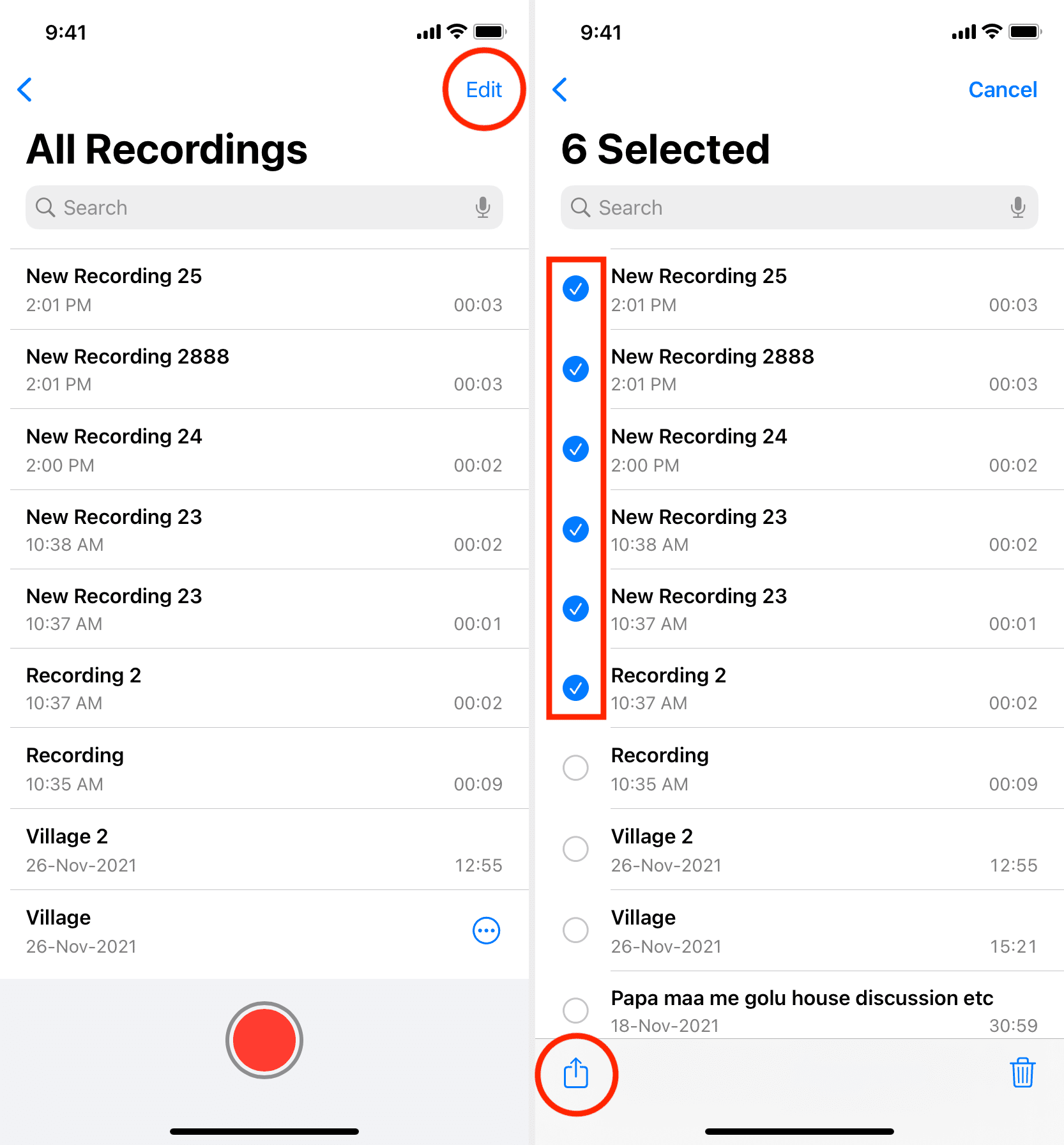 Tap Edit, select voice notes and tap the share icon