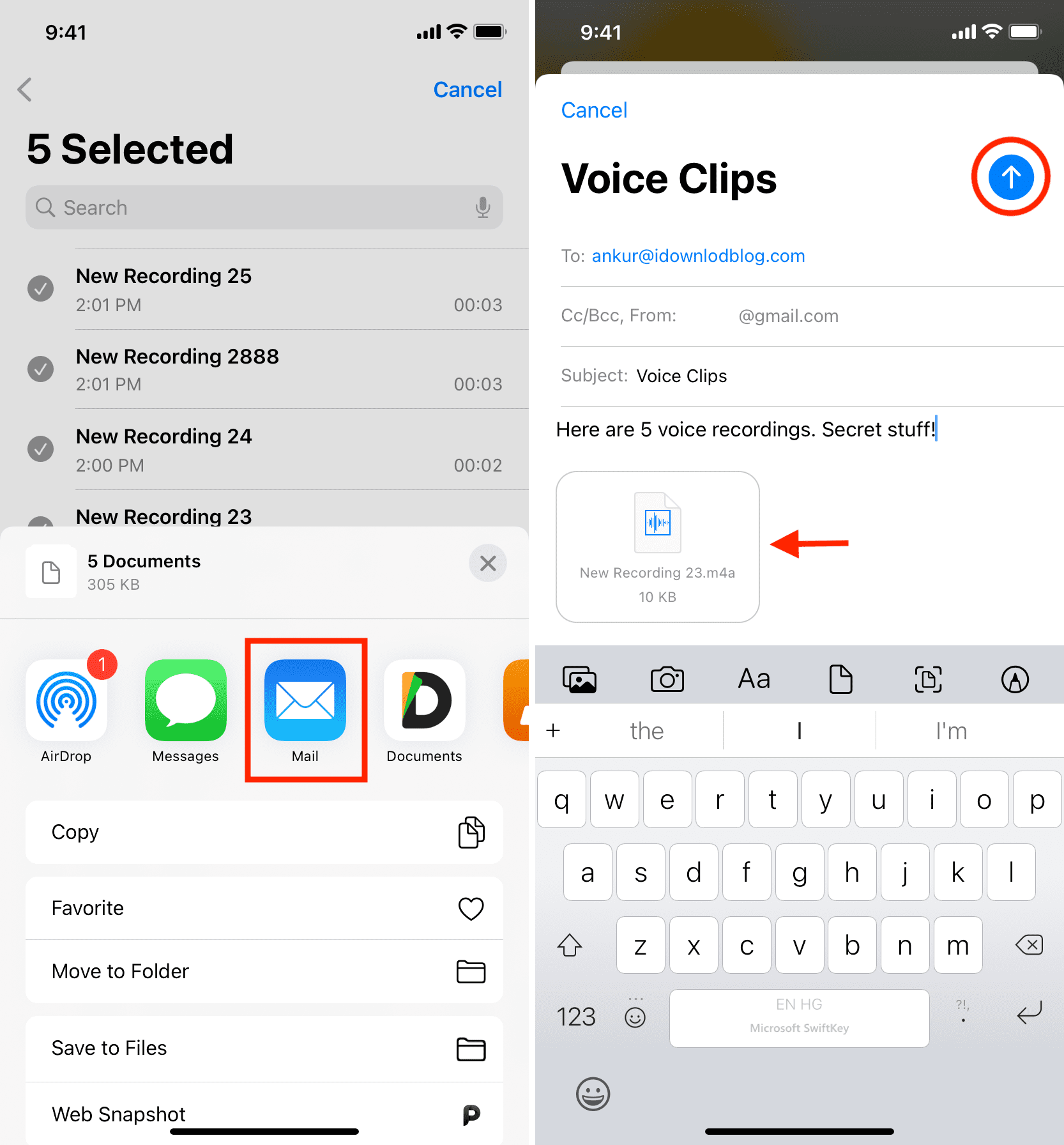 Transfer voice memos from iPhone to computer via email