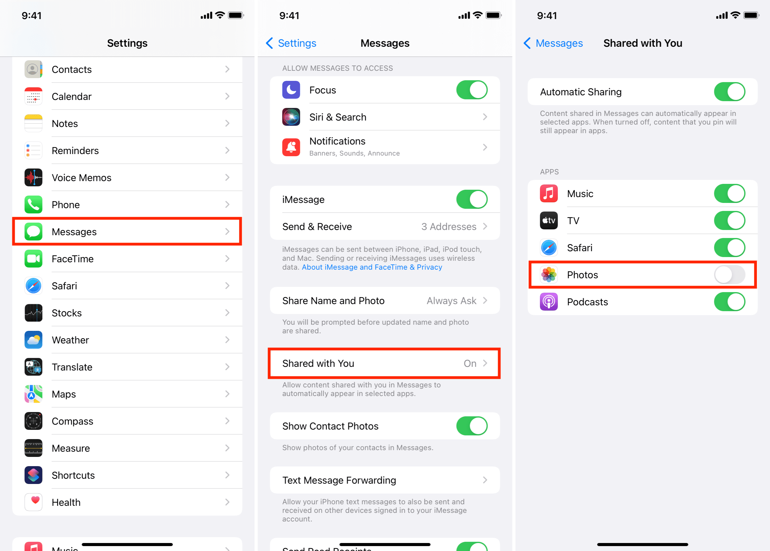 Turn off Shared with You for Photos in iPhone Messages settings