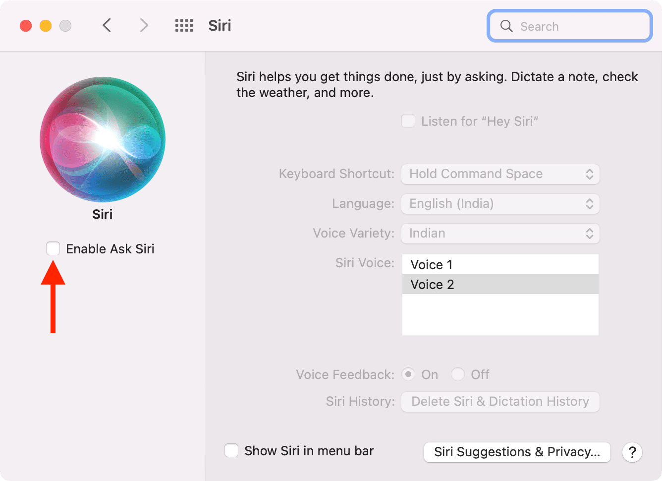 Uncheck Enable Ask Siri on Mac