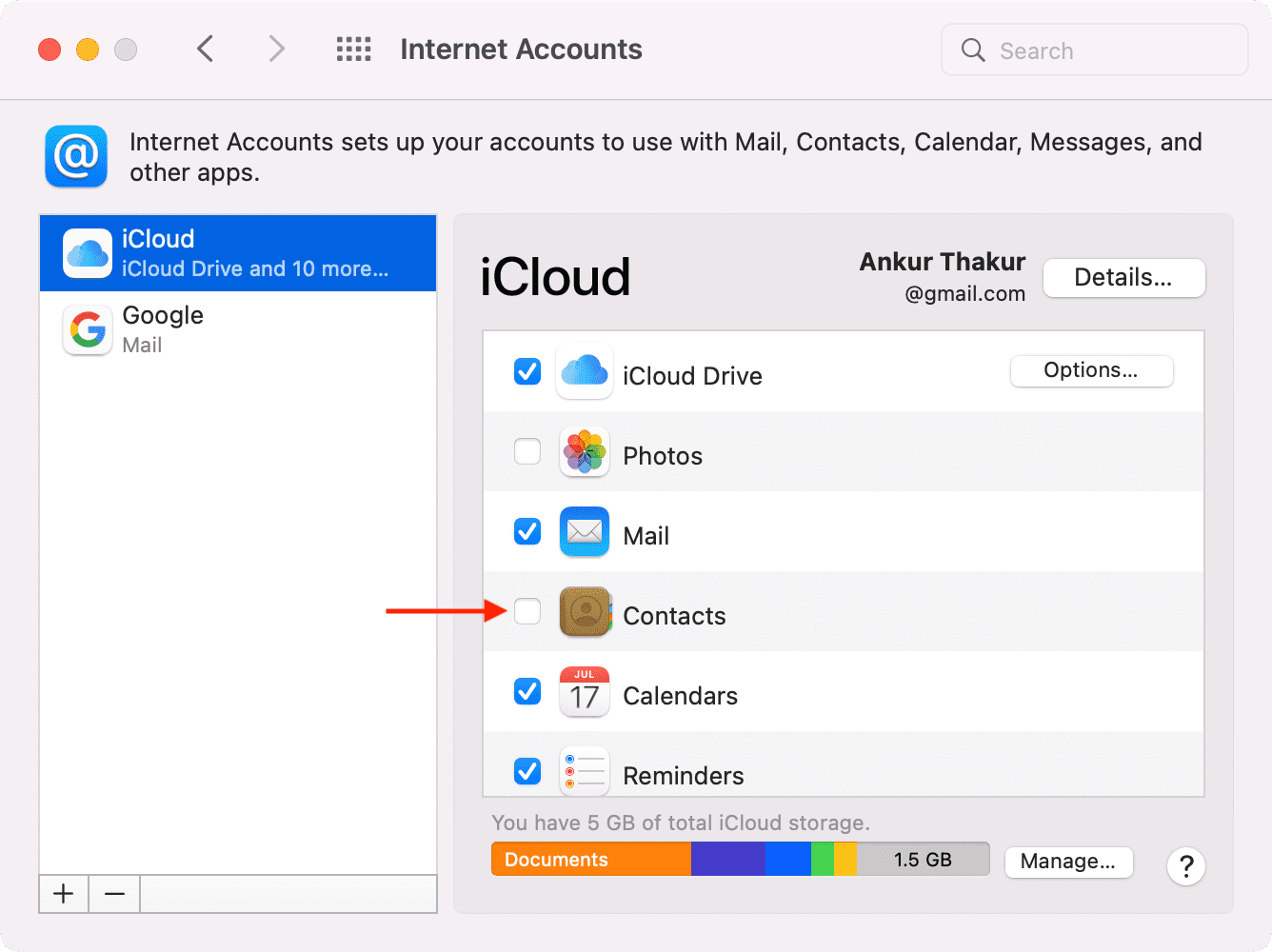 Uncheck iCloud Contacts Mac