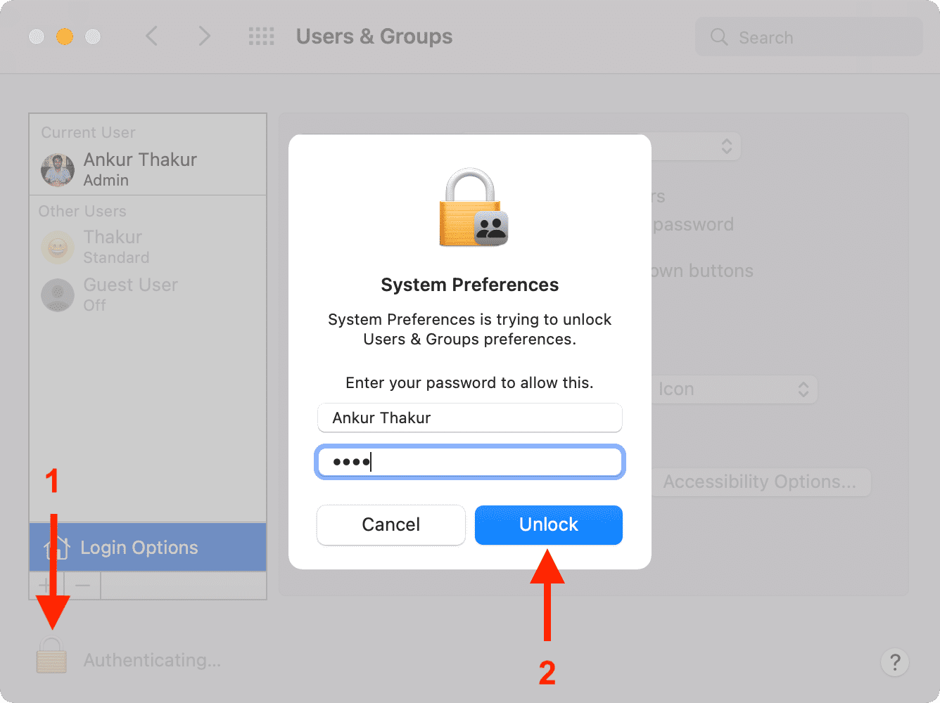 Unlock Users and Groups Preferences on Mac