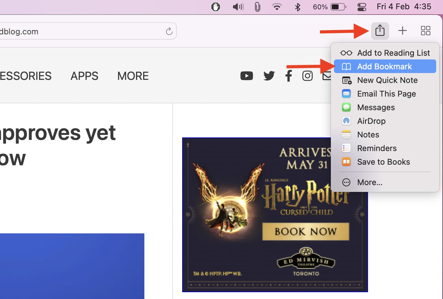 Add Favorite using share button in Safari on Mac