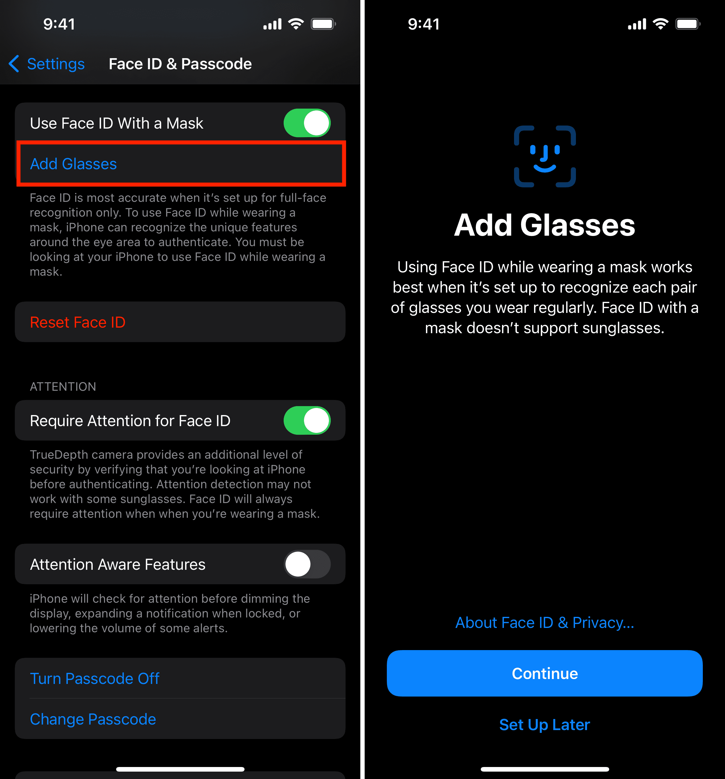 Add Glasses to Face ID with a mask