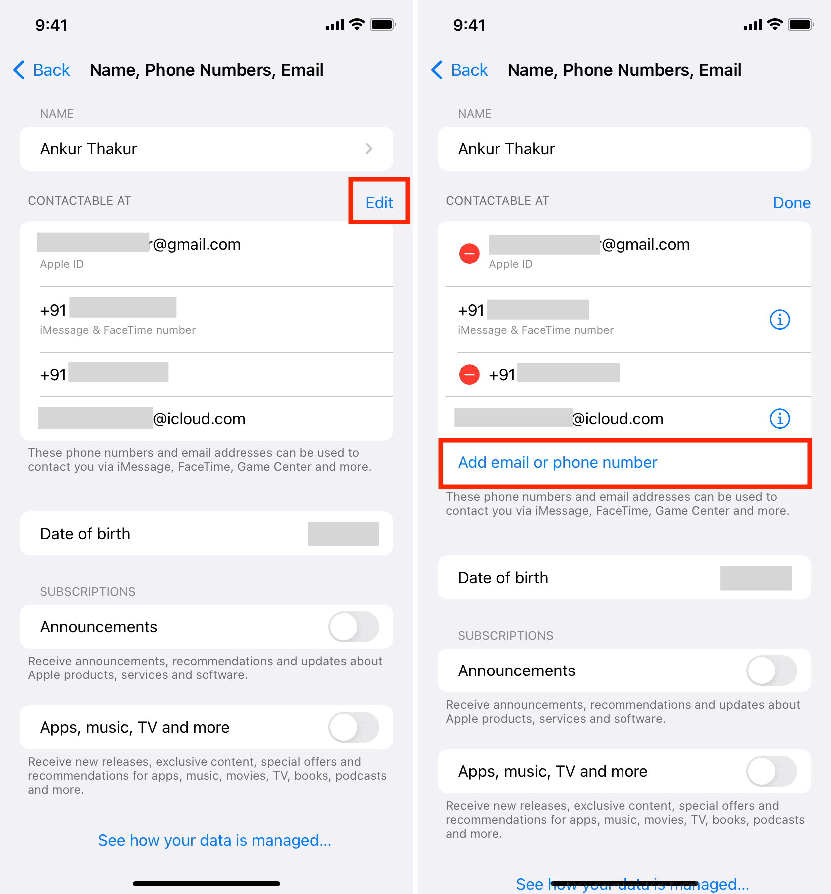 Add email or phone number to Apple ID iPhone