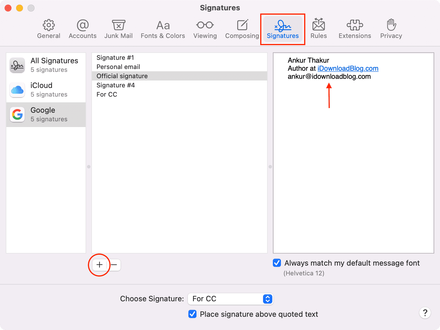 Aggiungi più firme e-mail per account su Mac