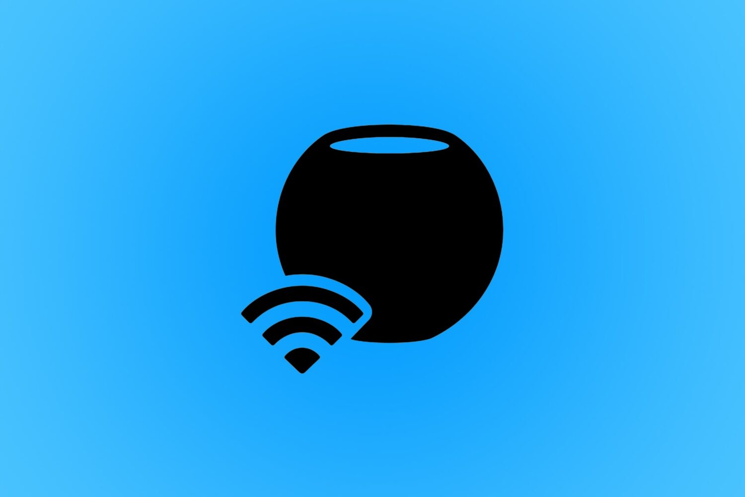 Black Wi-Fi icon next to a black HomePod mini glyph, set against a light blue gradient background