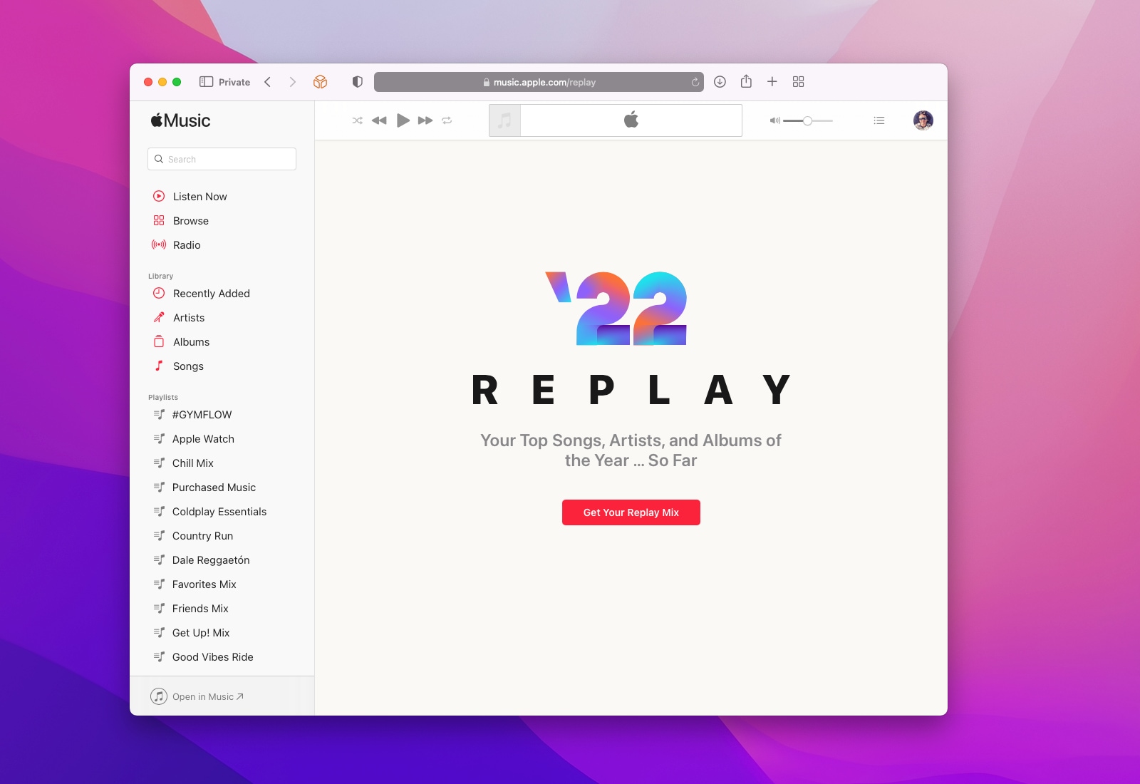 A Mac screenshot showing a splash screen when accessing Apple Music Replay playlists on the web in the Safari browser