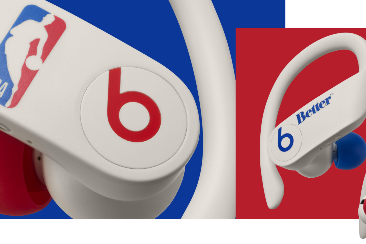 A marketing image showing the special-edition Powerbeats Pro truly wireless earbuds created for the 75th anniversary of the NBA, featuring red and blue ear tips with an NBA logo on the side