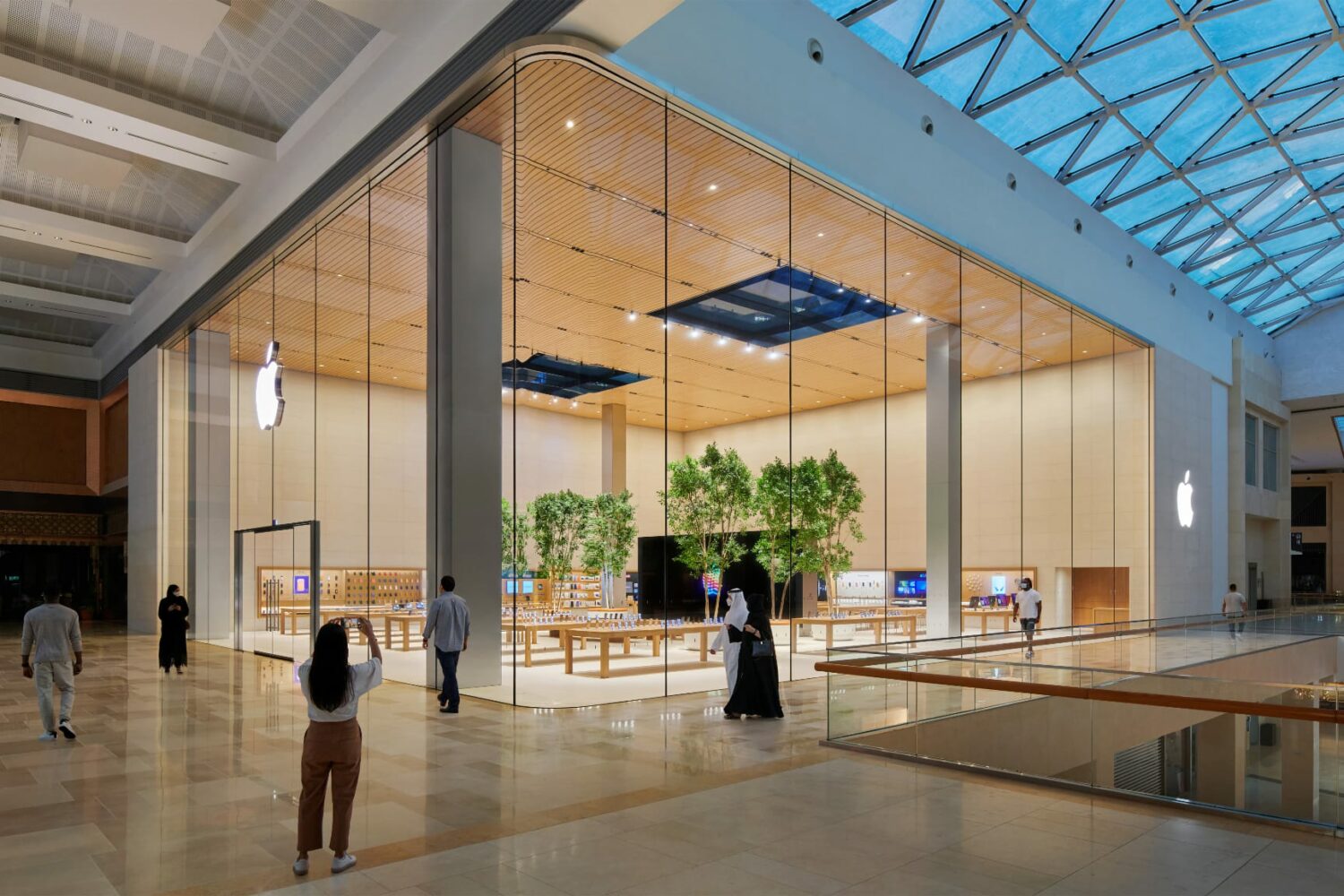 A photograph of an exterior of Apple's retail store in Abu Dhabi's Yas Mall, revamped and relocated to a prime corner location