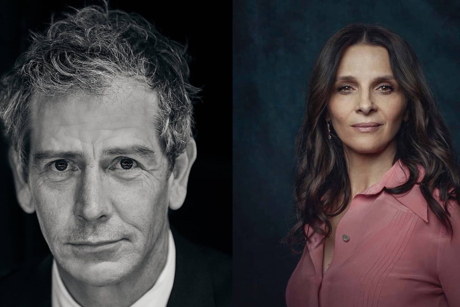 Promotional image for the Apple TV+ drama series “The New Look” with two headshots: actor Ben Mendelsohn (left), who portrays Christian Dior, and actress Juliette Binoche (right), who plays Coco Chanel