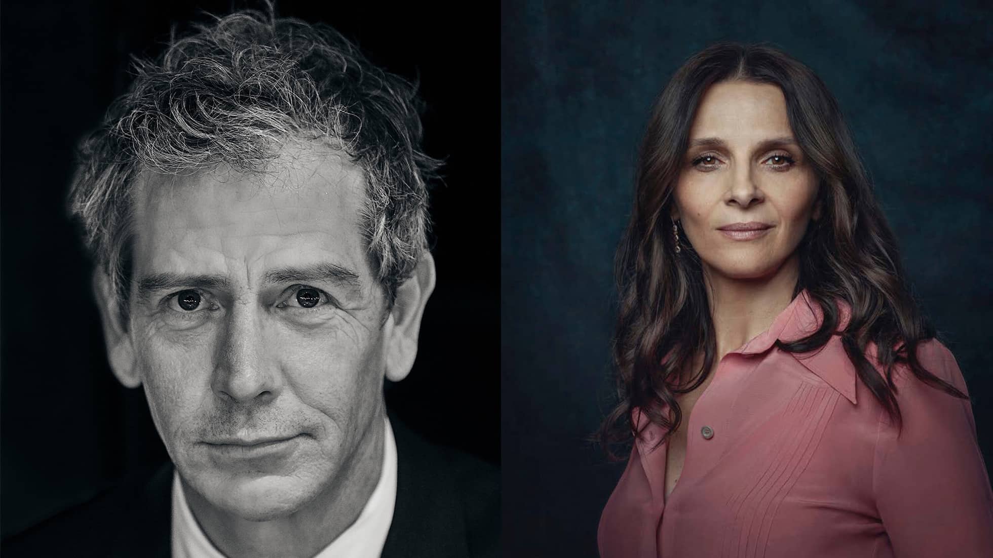 Promotional image for the Apple TV+ drama series “The New Look” with two headshots: actor Ben Mendelsohn (left), who portrays Christian Dior, and actress Juliette Binoche (right), who plays Coco Chanel 
