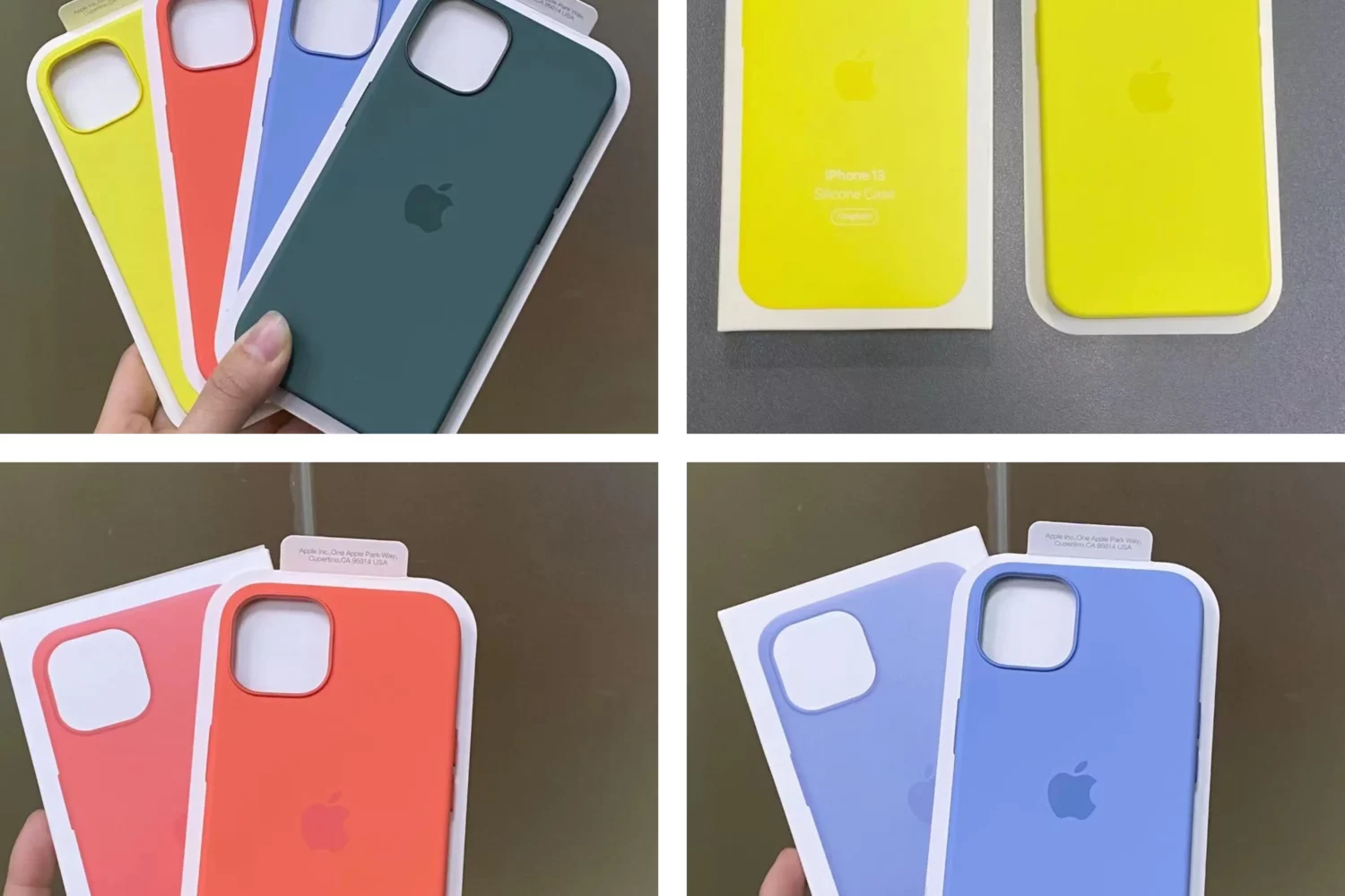 Four images shared in a grid that depict the alleged new spring-themed colors for Apple's MagSafe cases for the iPhone 13 family